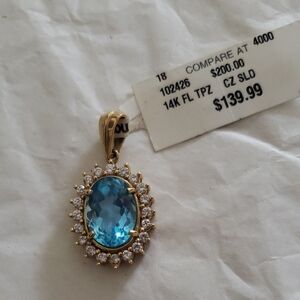 Classic Blue Topaz and 14k Gold pendant with Halo Design